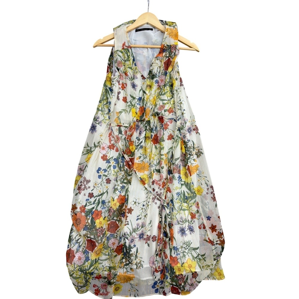Zara Basic Womens Floral V-Neck Sleeveless Midi Dress Gold Metallic Stripe XS